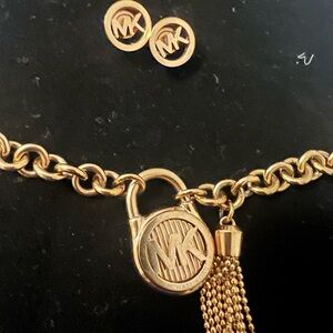 Michael Kors Rose Gold Tone Bracelet & MK Logo Stud Earrings Set Tassel Charm